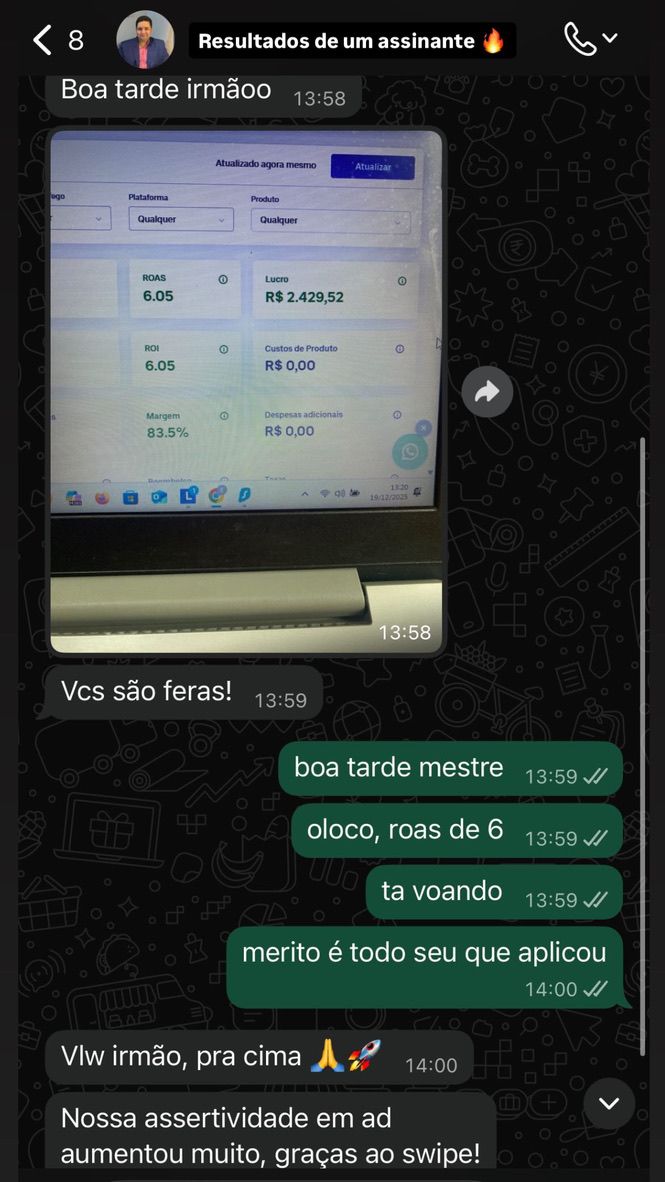 Conversa com assinante: ROAS 6.05, lucro de R$2.429,52 e margem de 83,5%